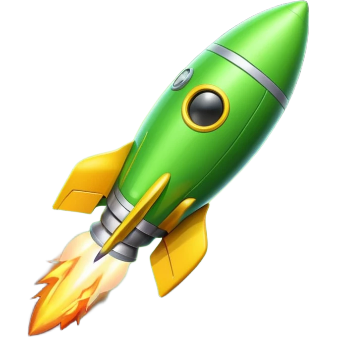 A single rocket, colored in yellow and neon green, glossy and smooth, cartoonish, vibrant colors, high detail, simple and cute design, isolated on white background, centered composition emoji