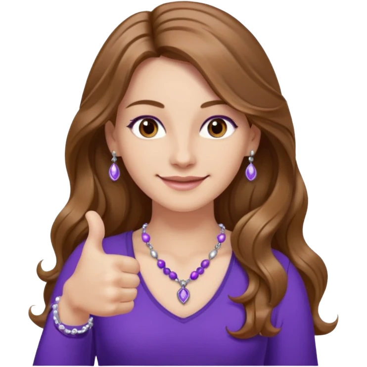 lady with long wavy русые hair, purple top, карие eyes, thumbs up, с бусами белые и серебром на шее emoji
