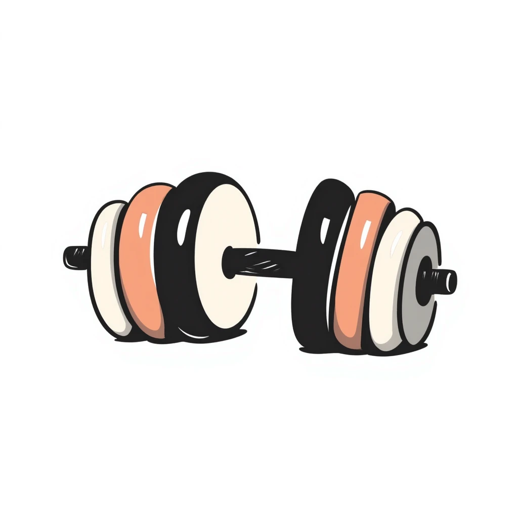 Adjustable dumbbells with weight plates in pastel colors (dd9fb0, ffc6d3, a3bfc9, c4bee2, f1b091), hand-drawn doodle style emoji