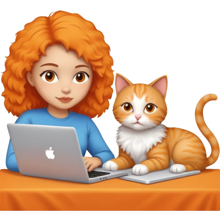 A girl is working on a laptop with a cat lying next to it emoji