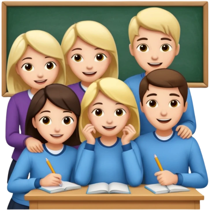 a group of students of both genders (boy and girl) talking quietly in a classroom emoji