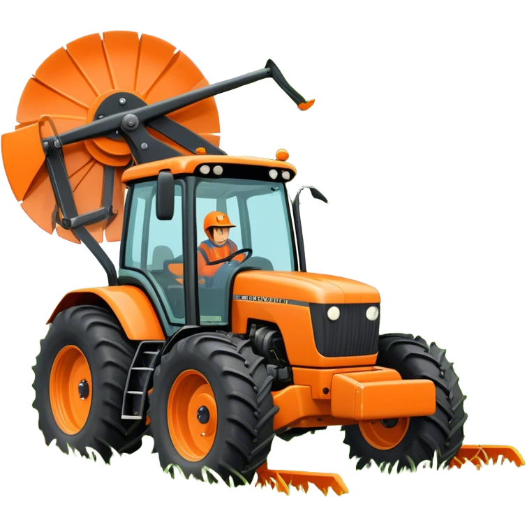 Howard EHD 180 (2019) – Cinematic-realistic Howard EHD 180 slasher, its bright orange frame mounted to a roaring tractor. The spinning blades cut through overgrown paddocks with ease, leaving a neat trail of freshly cut grass behind as birds scatter into the sky. emoji