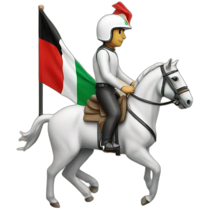A man riding a horse wearing an helmet that has the uae flag printed on it emoji