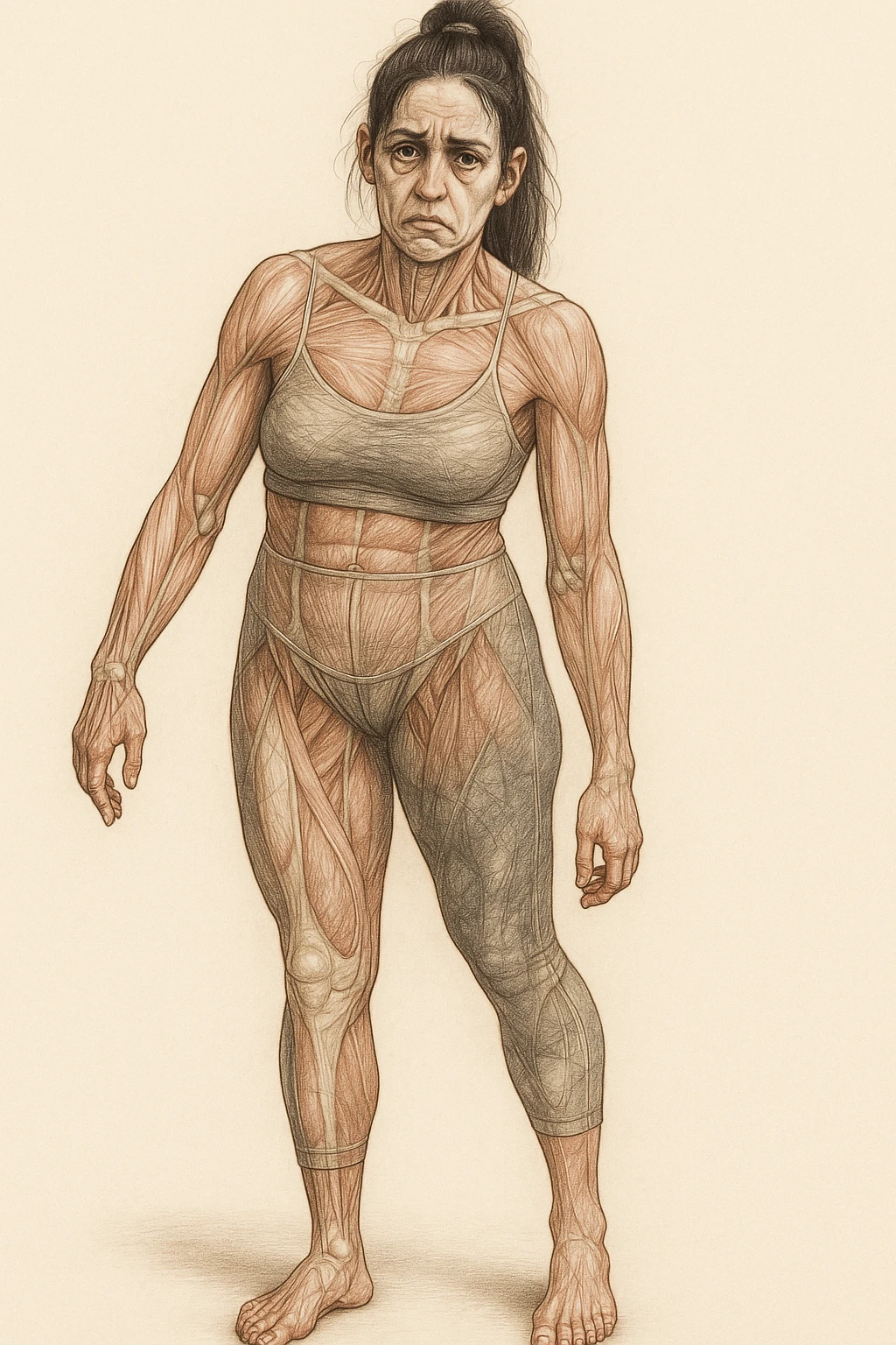 A woman in sportswear with an asymmetric posture, in a medical realistic style showing visible muscles and bones. The expression shows strong chronic stress signs including a tense face, dark circles under the eyes, and muscle tension. The background is neutral and the format is vertical. emoji