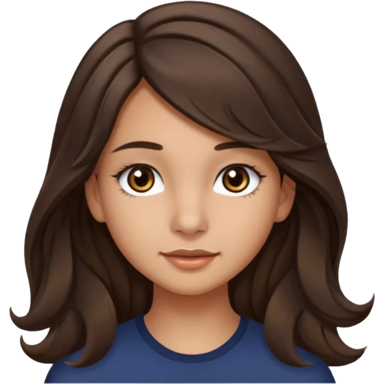 Create a emoji of a girl teen (14 years old) with dark brown hair and a little bit lighter brown in the end of the hair (but mixed) and waves in the hair, very long hair, with MEDIUM FAIR TO OLIVE skin tone, dark brown eyes, perfect nose, long eyelashes emoji