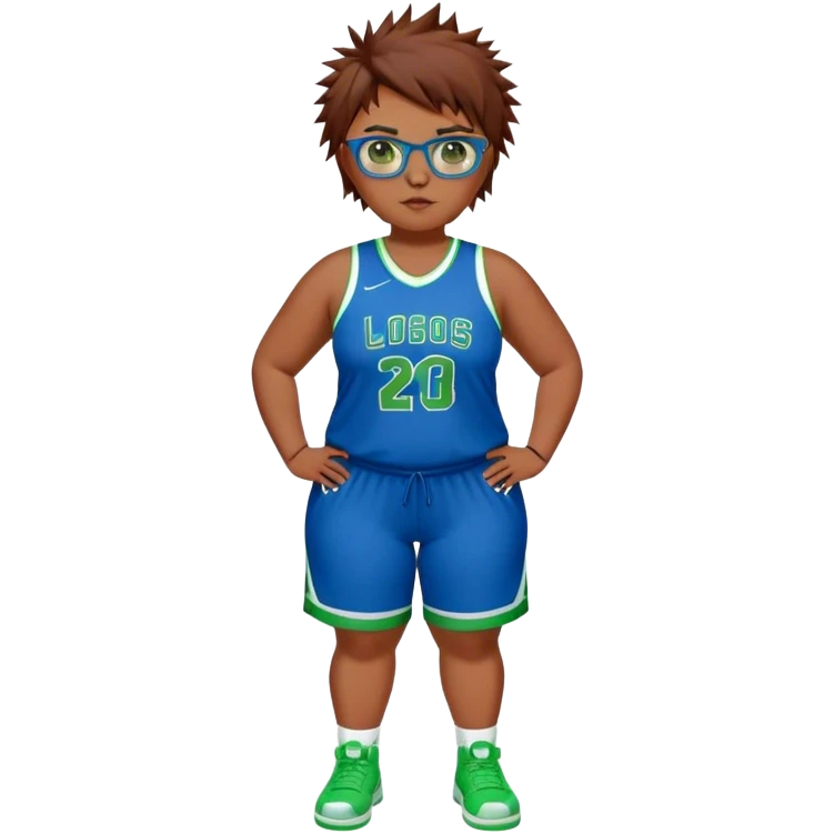 Full Body white plus size Girl with basketball spikey short brown HAIR wearing blue glasses with green eyes wearing blue and green basketball uniform PLAIN emoji