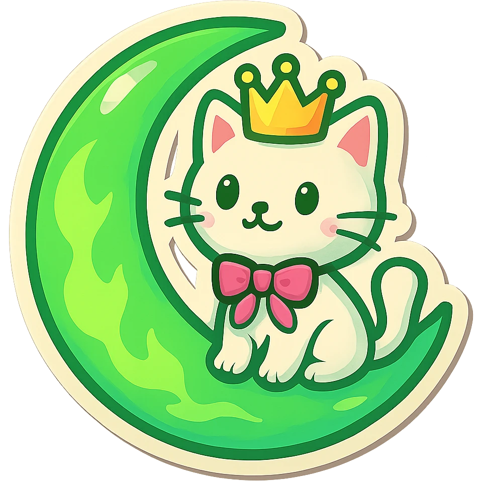 Light green crescent moon with fire effects, same shape as the reference image. A white cat with a pink ribbon and a crown sitting on the moon. Transparent background. Emoji style. emoji