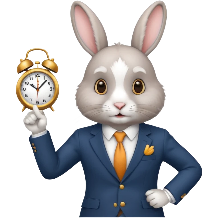 A rabbitwearing a suitand holding a clockand pointing at the clock emoji