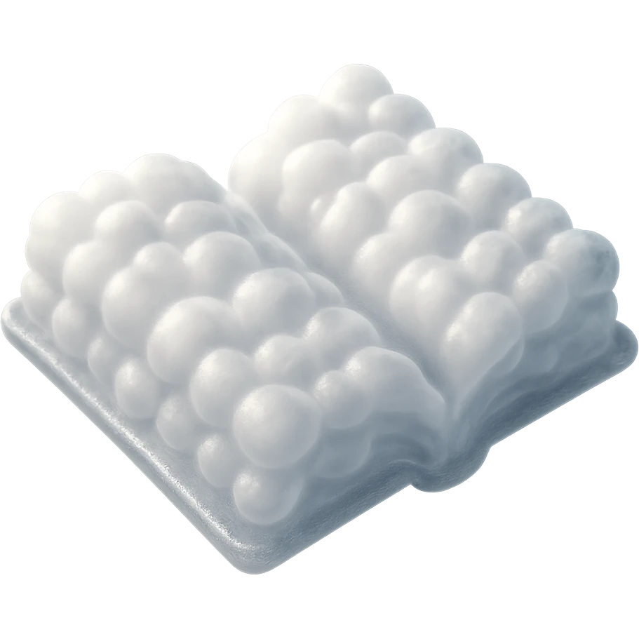 top view of a thick open book made entirely of small, very bright white fluffy convex clouds, matte glass style, emphasis on volume and airiness, no background emoji