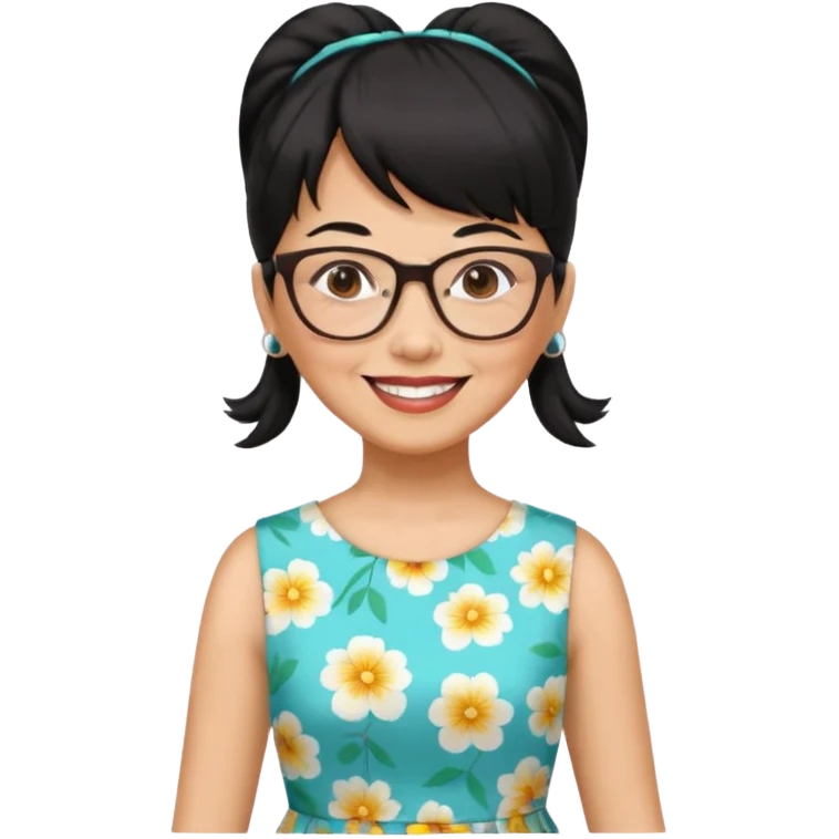 filipino woman black hair in one pony tail with straight bangs and big glasses, 60 yr old, nice dress

 emoji
