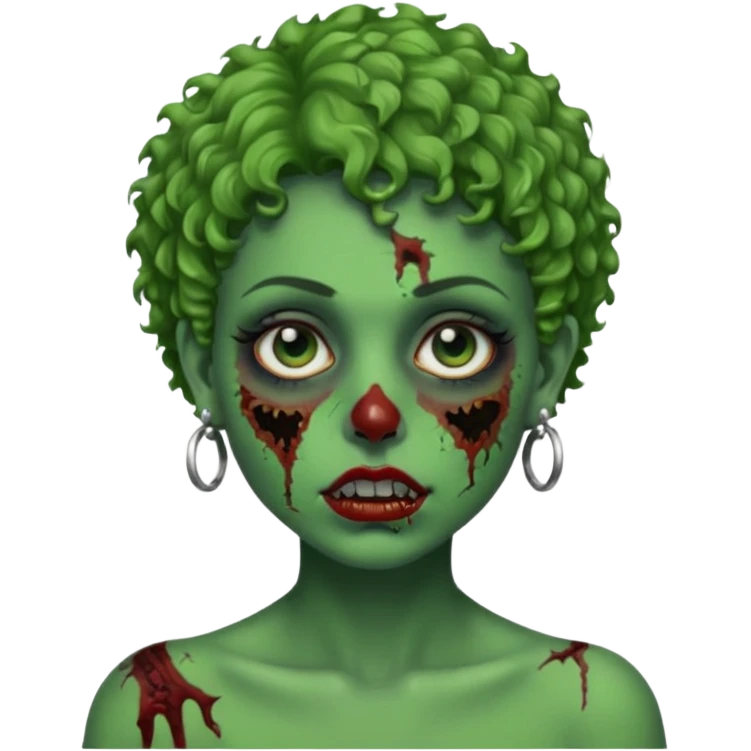 faça uma cabeça verde de zumbi femenina, com im cabelo curtinho cacheado, piercing no nariz, e brincos na orelha emoji