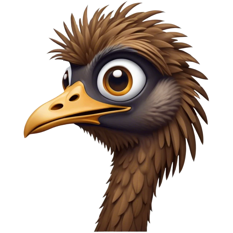 Cinematic Comical Emu Portrait Emoji, Head tilted dramatically with an exaggeratedly amused expression, featuring a striking, textured brown plumage with a comically small head and wide, expressive eyes full of playful disbelief, Simplified yet hilariously expressive features, highly detailed, glowing with a slightly sassy glow, high shine, dramatic yet playful, stylized with an air of cheeky outback mischief, bright and endearing, soft glowing outline, capturing the essence of a spirited and over‐the‐top emu, so meme‐worthy it feels like it could squawk its way into internet fame instantly! emoji