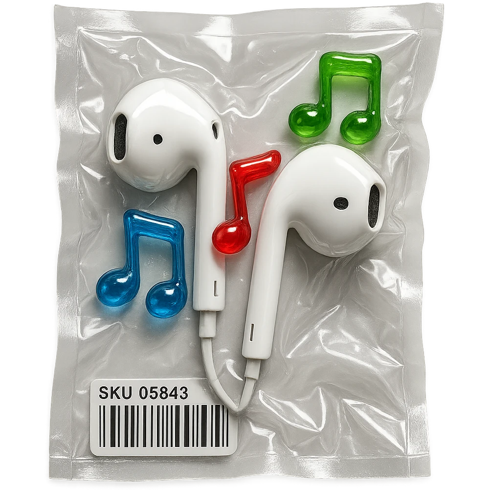 white EarPods headphones surrounded by exactly three small colorful glass music notes, glossy and puffy emoji