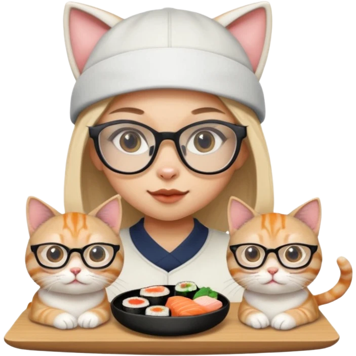 cute girl cat with really big square glasses with super thin frames eating sushi with a boy cat wearing a san antonio spurs cap emoji
