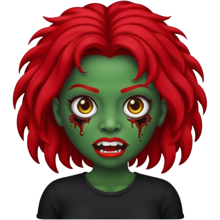 Faça me um emoji de um zumbi mulher de cabelos vermelho escuro longos ondulado usando uma blusa preta, faça no estilo iphone, o tom de pele dela tem que ser verde  emoji