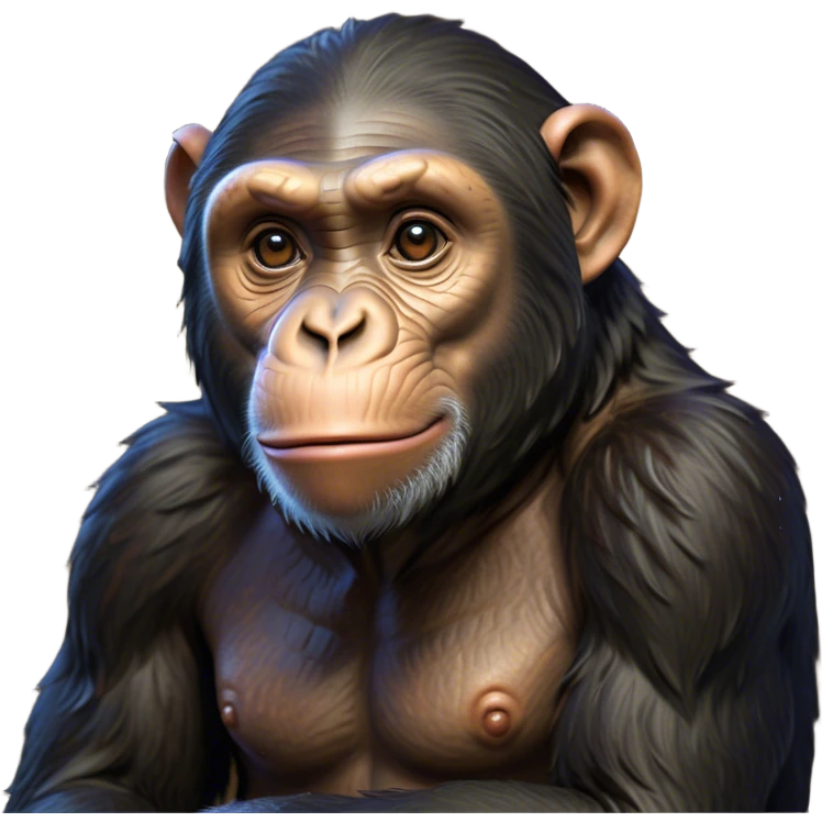 Cinematic Noble Chimpanzee Portrait Emoji, Poised and wise, with a lean, agile build adorned with textured fur and deep, thoughtful eyes, Simplified yet sharp and sophisticated features, highly detailed, glowing with a soft, contemplative glow, high shine, intelligent and vigilant, stylized with an air of primate regality, focused and attentive, soft glowing outline, capturing the essence of a watchful guardian that feels as though it could step out of the screen with effortless authority! emoji