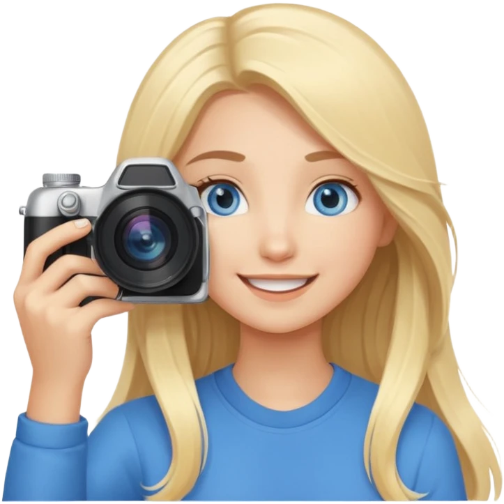  blue eyes blonde girl photographer cartoon taking picture in middle of taking picture camera in front of face long hair smiling funny flash professiona emoji