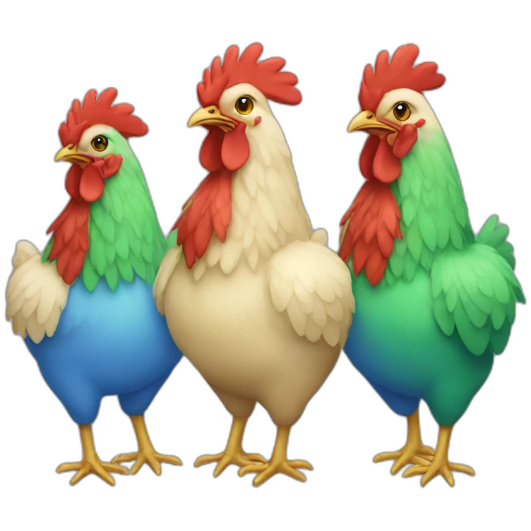 Three chicken red green blue emoji