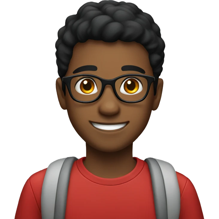 Smiling boy with glasses short black hair and red shirt emoji