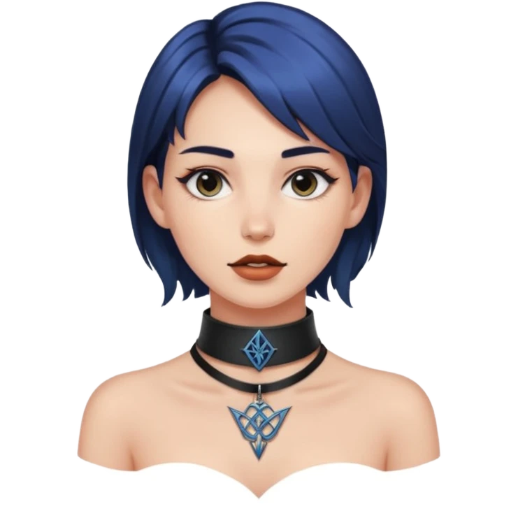 Leather choker with sigil around woman’s neck, pulse visible, dominance tone emoji