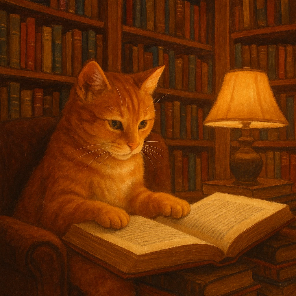 Put the red cat reading a book in a cozy library setting, with bookshelves and warm lighting emoji