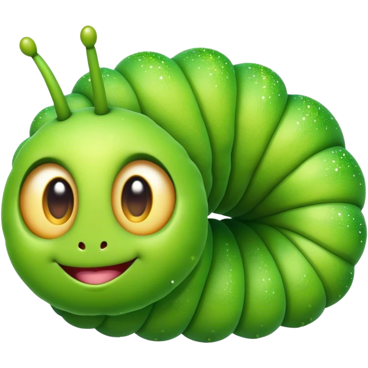 Cinematic Realistic Cute Caterpillar Portrait Emoji, Head tilted playfully and inquisitively, featuring a compact, segmented body in bright, vibrant green with delicate, inviting textures and a charming, rounded face with sparkling eyes full of curiosity, rendered with lifelike detail and natural highlights, high shine, affectionate and spirited, styled with a touch of garden whimsy, soft glowing outline, capturing the essence of a mischievous yet lovable caterpillar that seems poised to crawl cheerfully into your arms! emoji