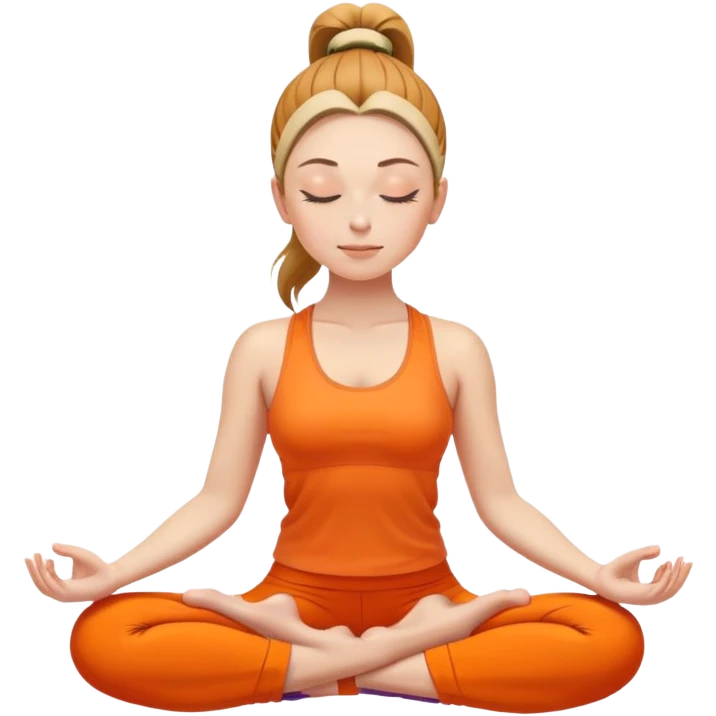caucasian woman with ponytail in lotus position meditating, eyes closed, peaceful expression, bright orange yoga clothes emoji