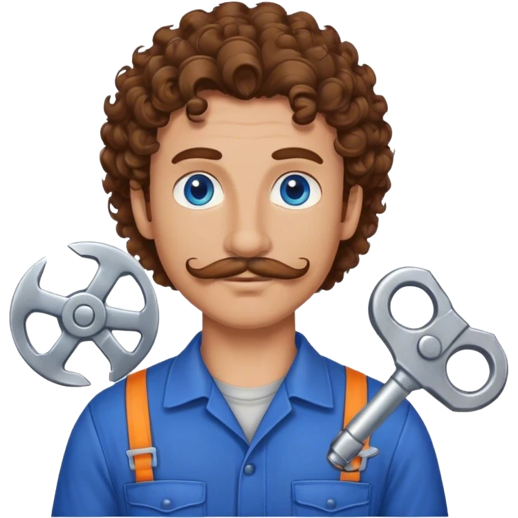 Mechanic with brown curly hair blue eyes and mustache  emoji