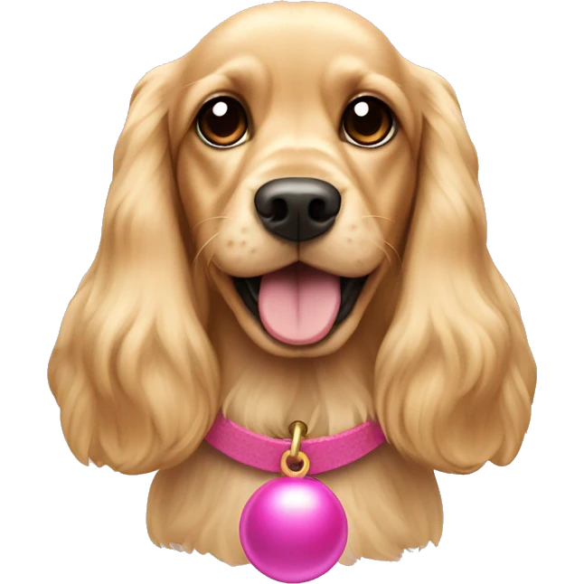 Blond cocker spaniel wearing a pink sleighbell emoji
