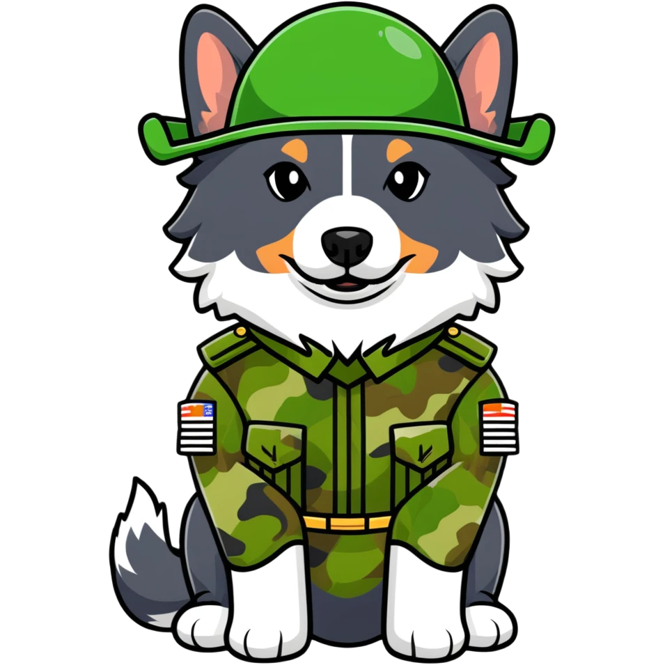 black-tri Mini American Shepherd in a camo green soldier uniform and green helmet emoji