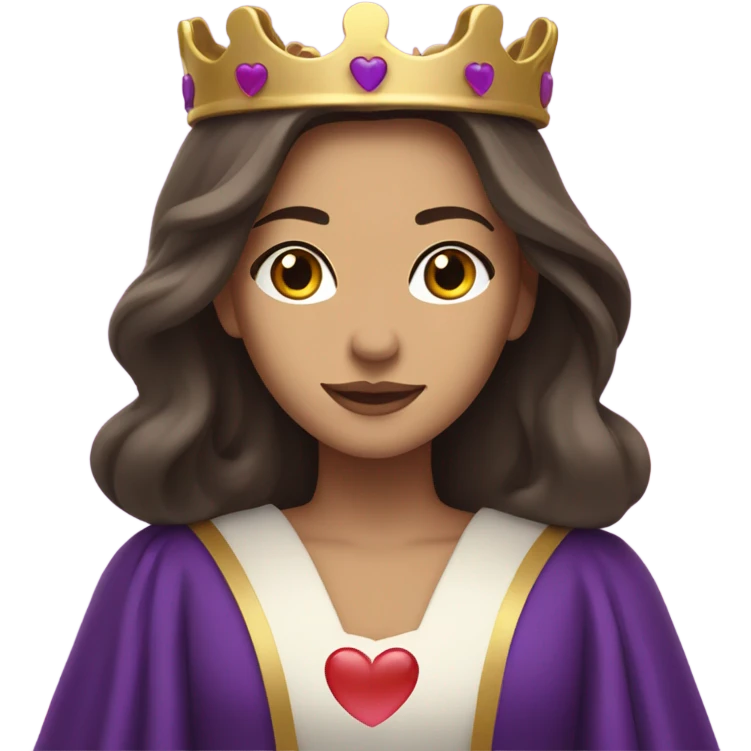 Caucasian long  brunette woman wearing formal royal purple robes and a crown. A burst of hearts are floating around her emoji