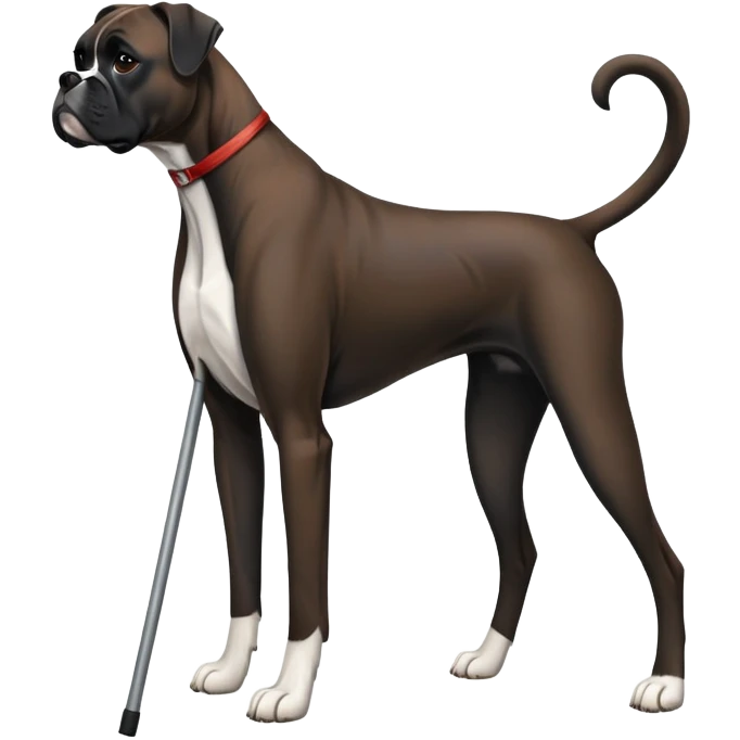 Elderly adult dark black boxer dog standing on hind 2 legs hunched over using one cane emoji