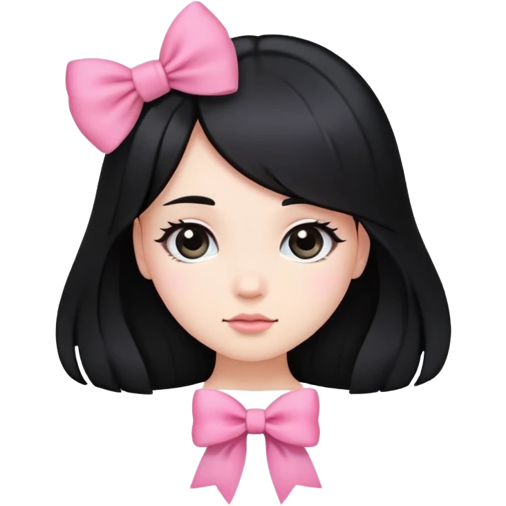 cute round face with long black hair and pink bow on the side emoji