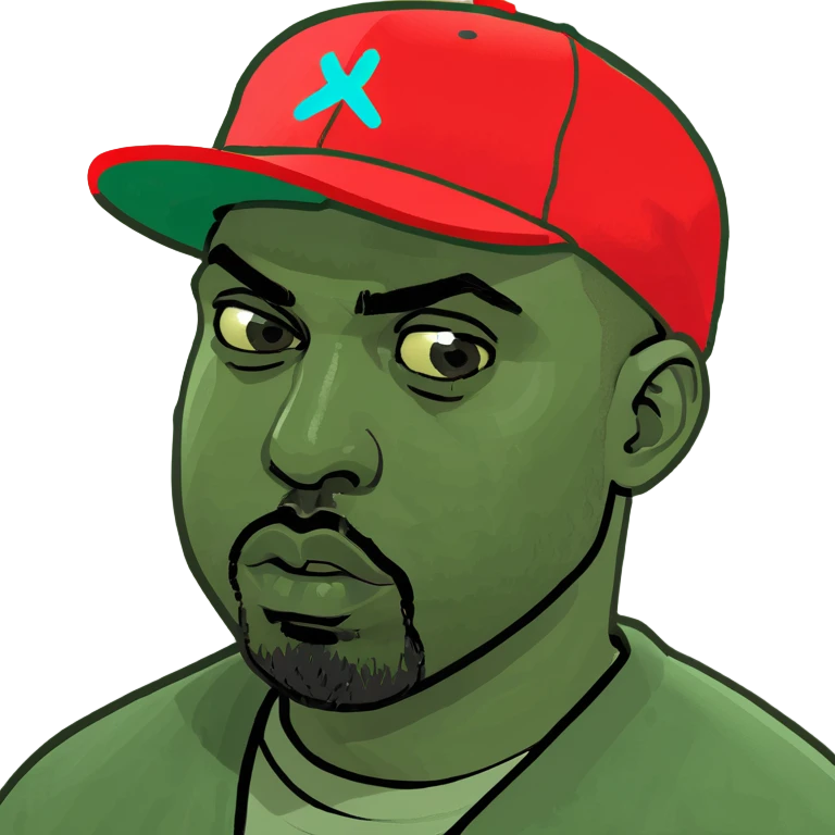 Kanye West as a schizo emote, cartoonish, chaotic energy, intense expression, meme style emoji