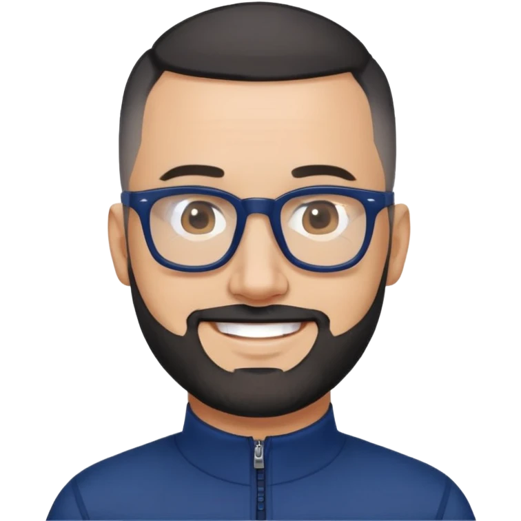Smiling 40-year-old man with light skin, buzzcut-style very short black hair, gray beard, black glasses, wearing a navy blue athletic zip-neck long sleeve shirt emoji
