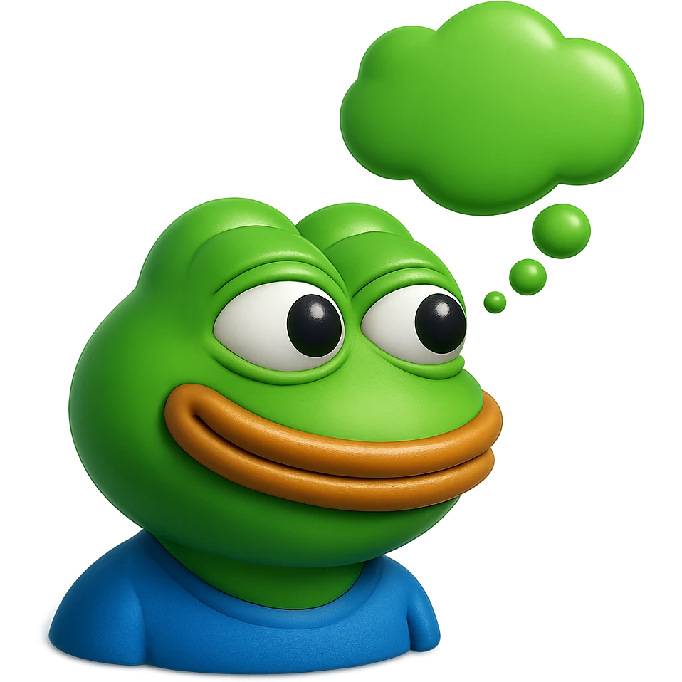 make a pepe in bright green smiling with thought bubble looking at left side in 3d style, good highlights and shadows, drop shadows emoji