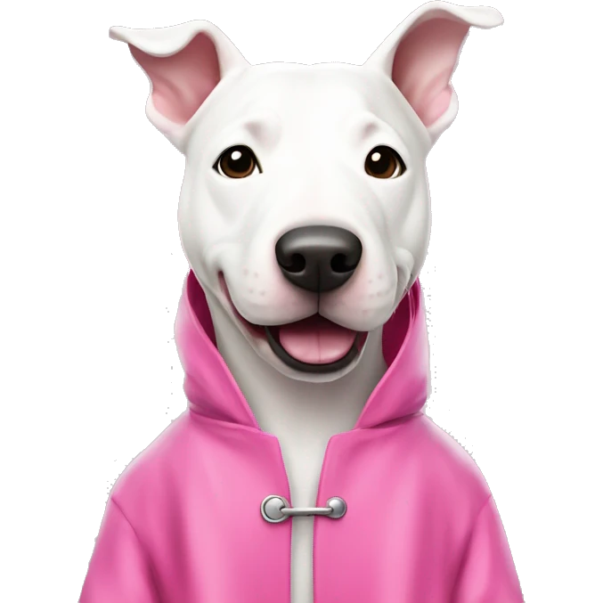 White Bull terrier in pink rain coat emoji