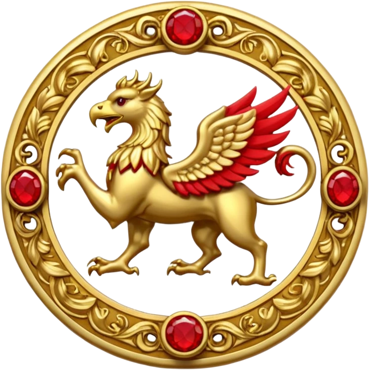 Golden griffin crest / brosch in a circle with red gems and no background emoji