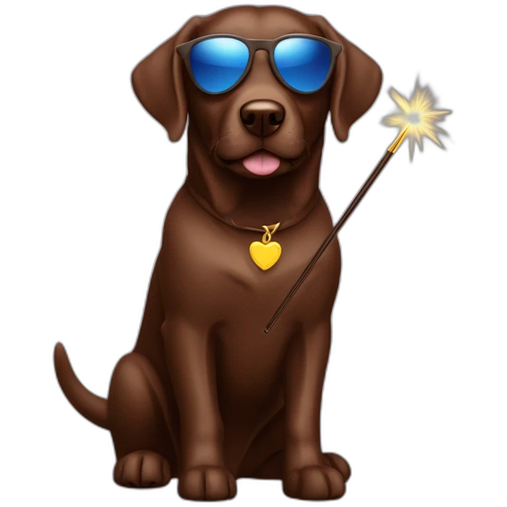 Labrador Retriver chocolate color whit a magic wand and sunglasses emoji