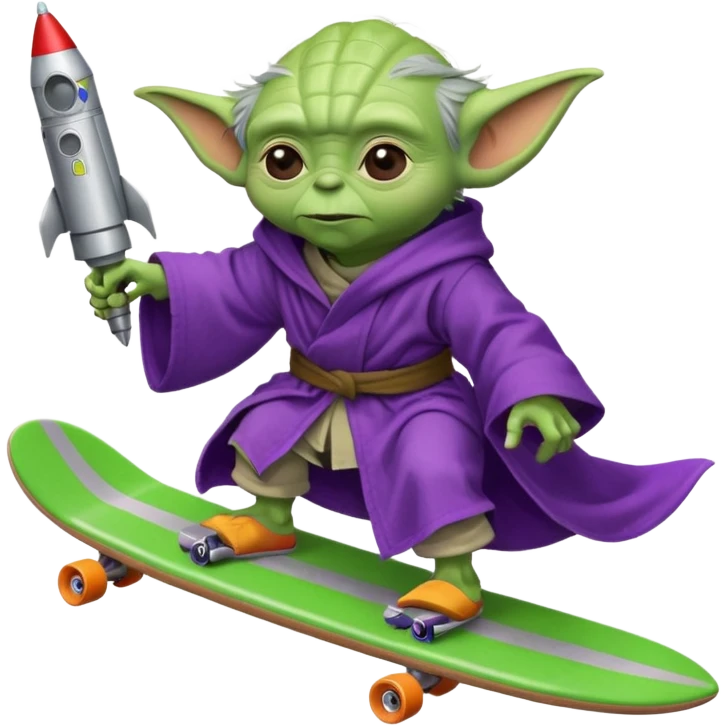 yoda in a purple robe using a rocket like a skate emoji