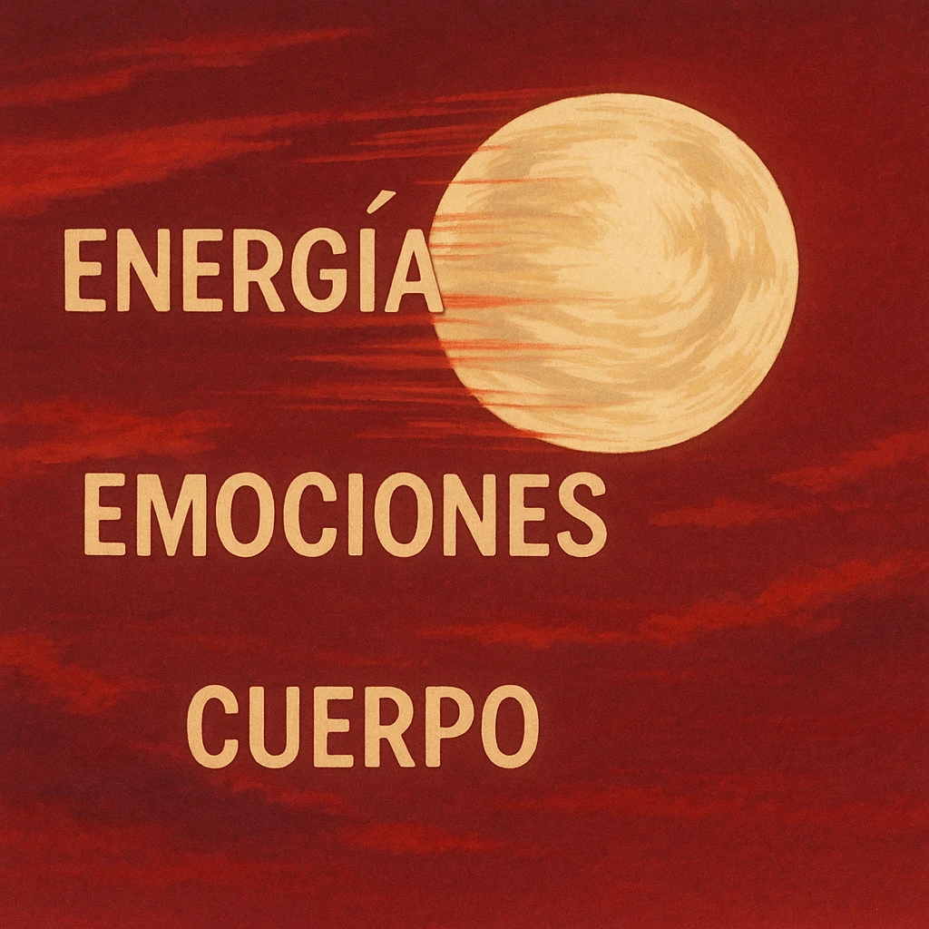 moon in motion in a red sky, words 'energía', 'emociones', 'cuerpo' integrated, ghibli style emoji