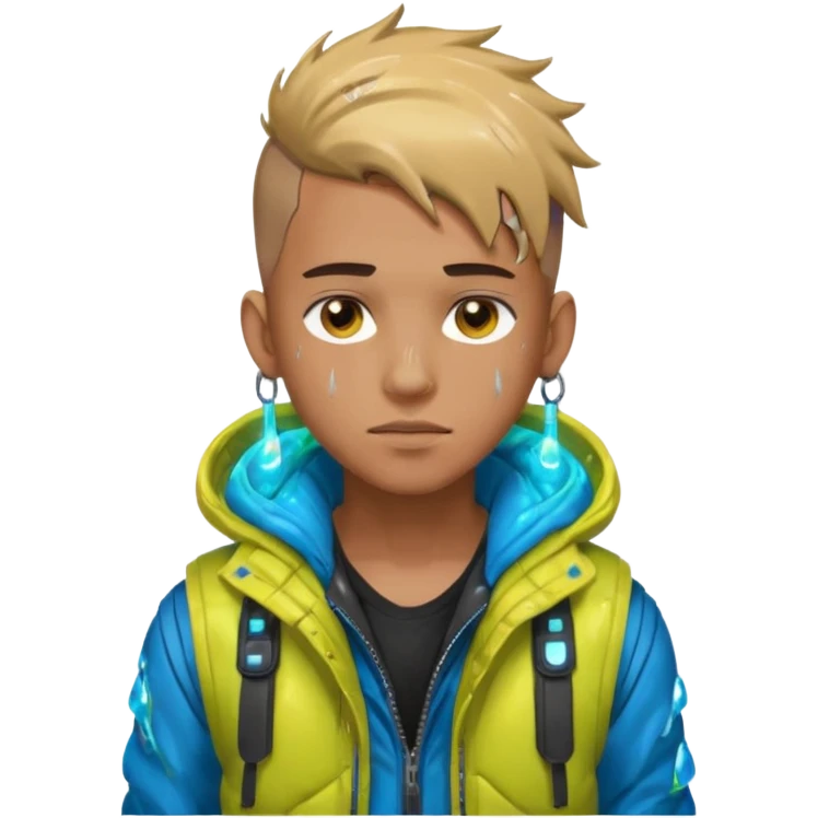 Cyberpunk street kid, male, messy undercut, puffer vest over hoodie, glowing earpiece, light stubble, brown eyes, neon reflections, raindrops, dark background. emoji