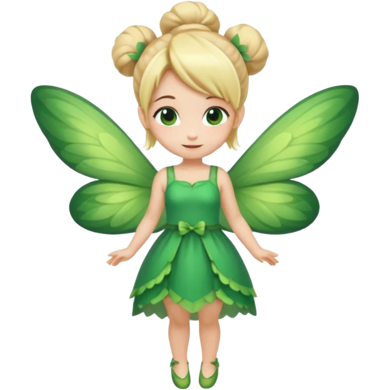 fairy with bun blonde hair, green wings, happy, chibi full body emoji
