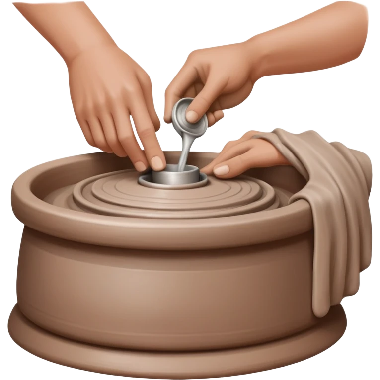 thumb pressing side of clay down onto a silver pottery wheel, thumb at the bottom of the clay, pottery gesture emoji