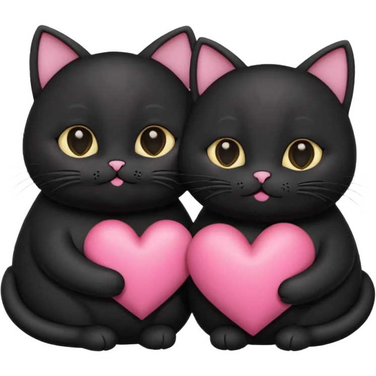 two fat cute black cats love, pink heart, closed mouth, black ears emoji