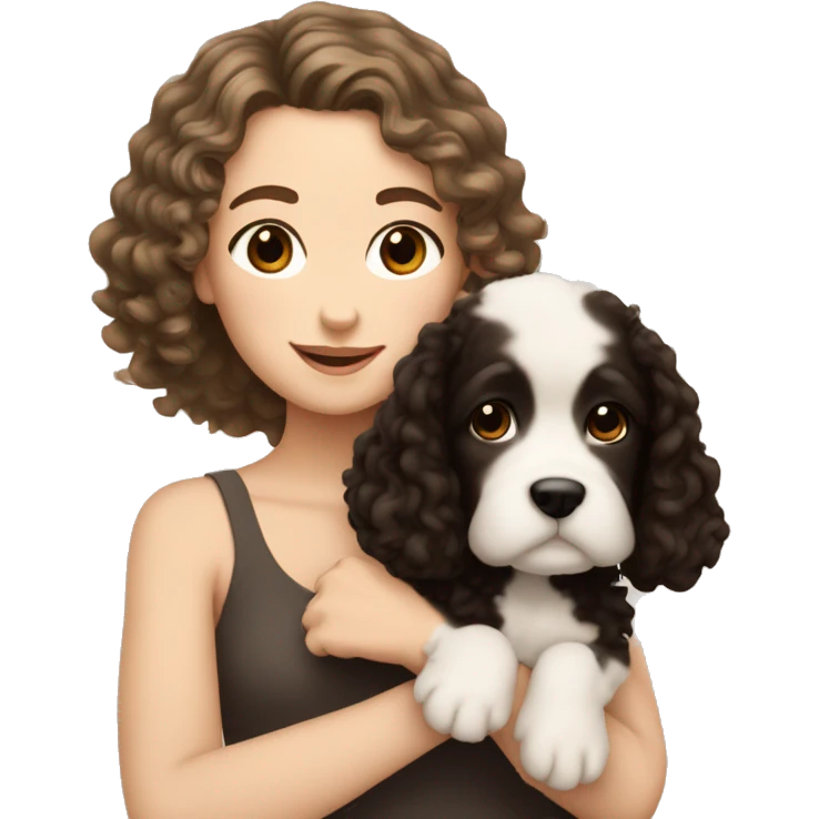 pale white girl with curly black hair holding tan brown puppy emoji
