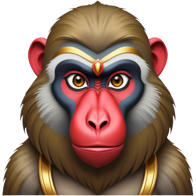 Cinematic Noble Mandrill baboon Portrait Emoji, Poised and regal, with a striking, powerful build and a vivid, deep-set soulful eyes, Simplified yet sharp and sophisticated features, highly detailed, glowing with a vibrant, dignified glow, high shine, intelligent and commanding, stylized with an air of exotic majesty, focused and attentive, soft glowing outline, capturing the essence of a watchful and confident primate, so majestic it feels as though it could step out of the screen with effortless authority! emoji