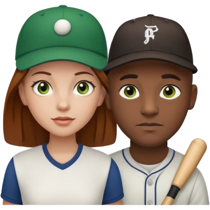 Black bald guy baseball cap  white girl brown hair green eyes emoji