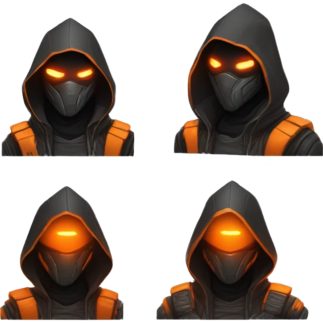  developer behind his laptop with this style : crysis Cyberpunk Valorant orange glowing bright orange character orange black hooded assassin themed character emoji