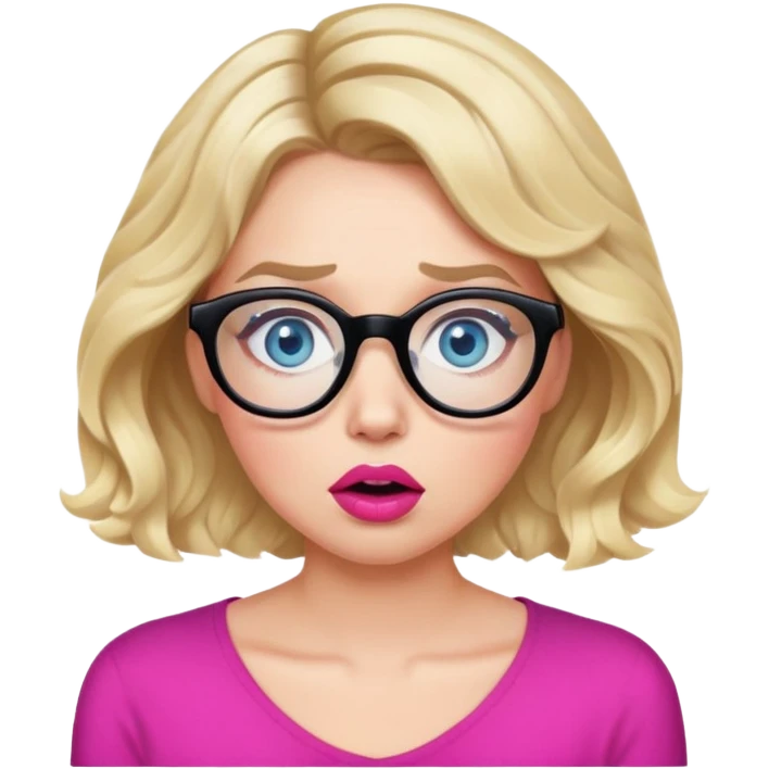 Blonde woman with short wavy hair, blue eyes and pink lips wearing black glasses looking very shocked emoji
